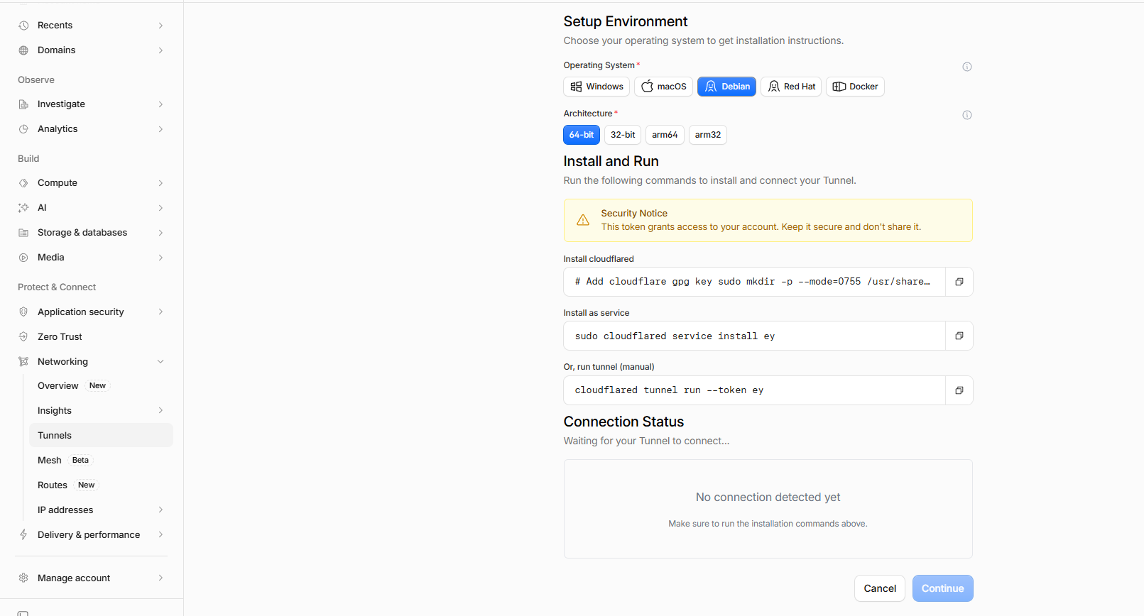 Cloudflare setup page with the manual tunnel command