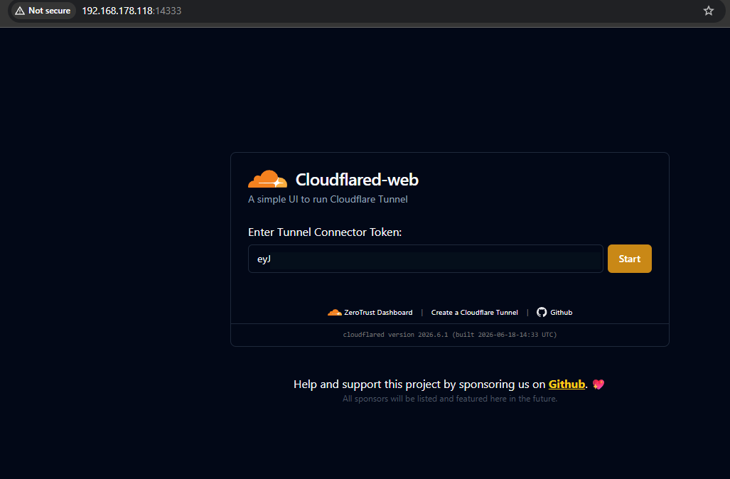 Cloudflared-web UI with the token field