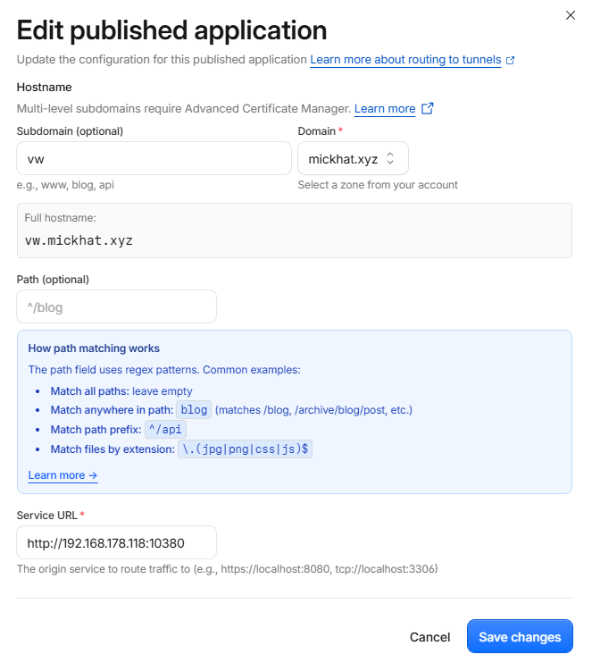 Published application route for Vaultwarden