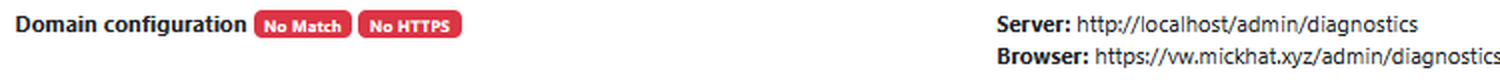 Vaultwarden diagnostics showing Domain configuration as No Match and No HTTPS, with the server reporting http://localhost while the browser is on https://vw.mickhat.xyz